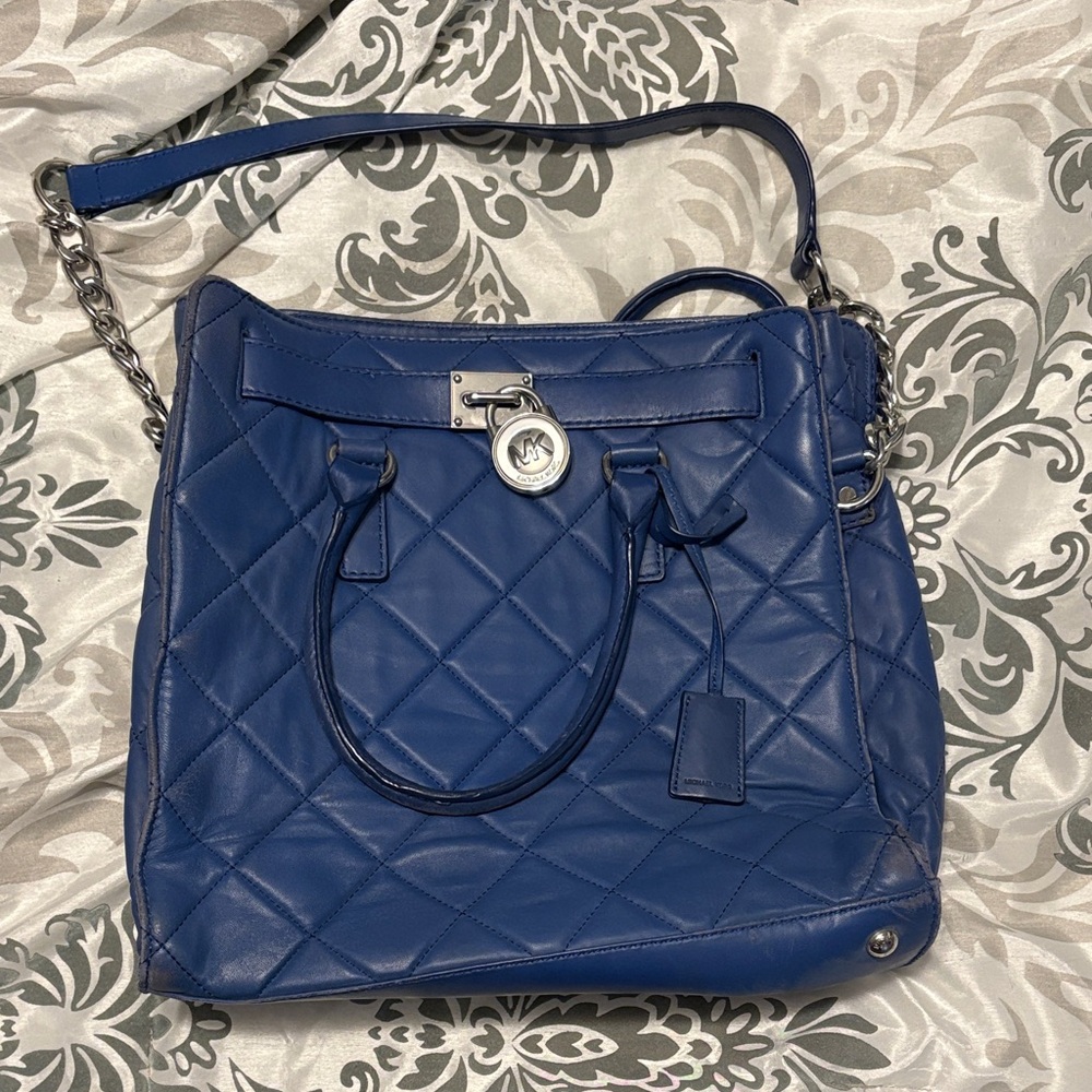 Blue Quilted Leather Tote Bag